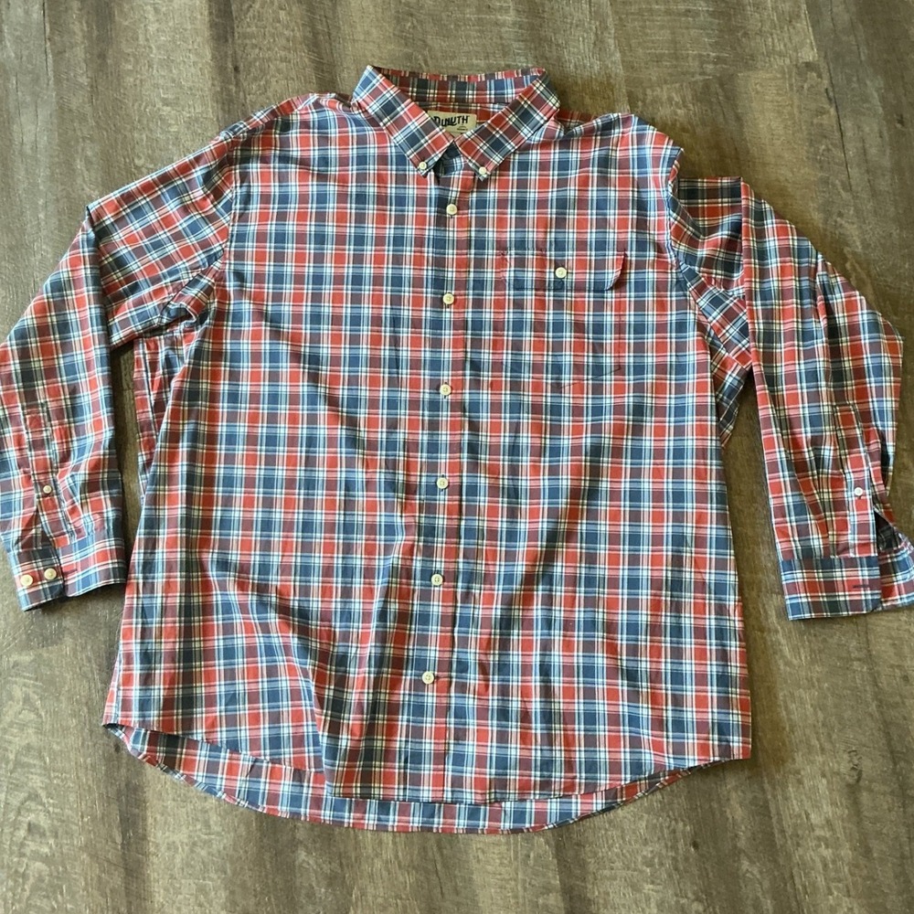 Duluth Trading Co Mens 2XL Relaxed Fit Plaid Button Down Shirt Red Blue Coolmax
